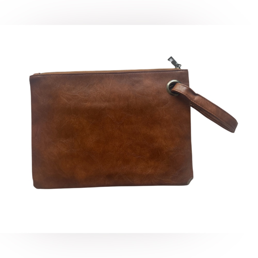 Brown Faux Leather Wristlet Clutch with Organizer Pockets